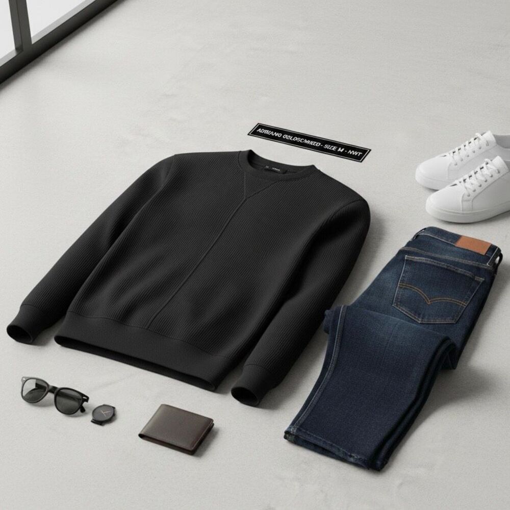 Adriano Goldschmied AG Men’s Black Ribbed Sweatshirt Size M Luxury Knit New - Picture 8 of 8